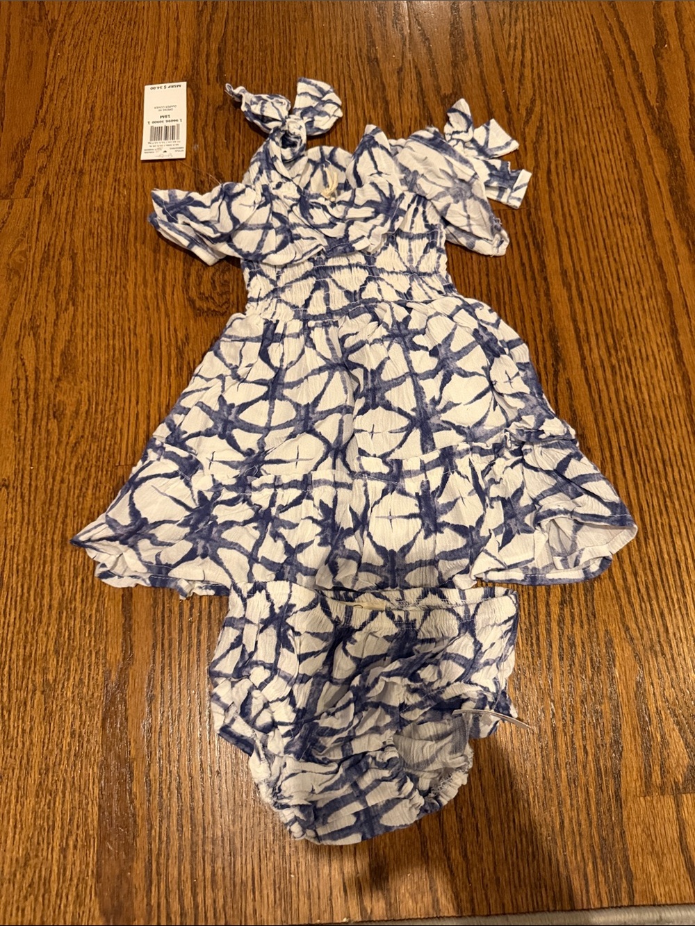 Jessica Simpson White Dress with Blue Tie-Dye Starburst Print and Bloomers